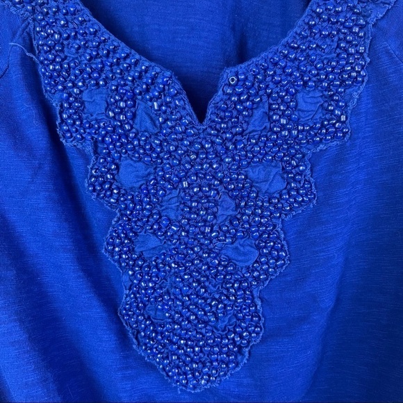 Chico's Blue Beaded Smocked Peplum Cotton Short Sleeve 00 - Picture 4 of 5